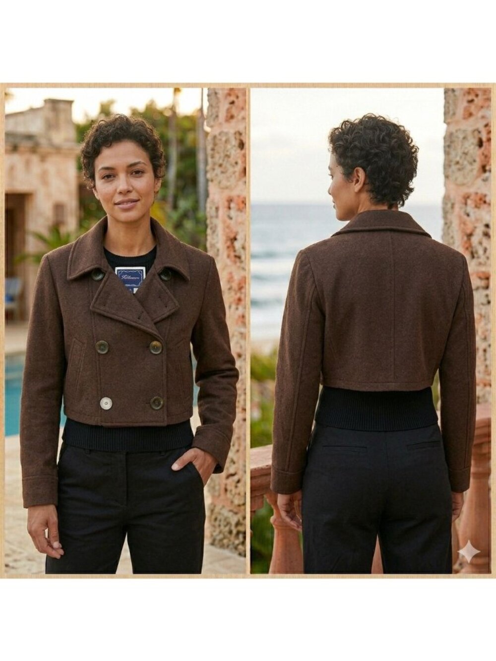 Fillmore American Womans Peacoat Large Double Breasted Cropped Wool Blend Retro